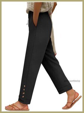 100% Polyester Drawstring Elastic Waist Ankle Cropped Pants Women Casual